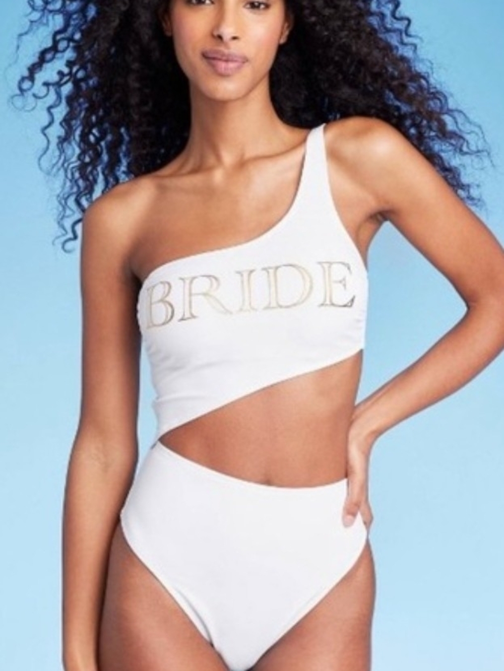 NWOT Shade & Shore One-Shoulder White 1 Piece Swimsuit Gold "BRIDE" Size Medium
